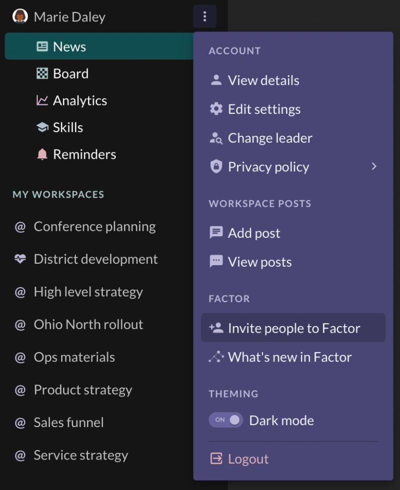 A screenshot of the 3-dot menu options for the user account in Factor