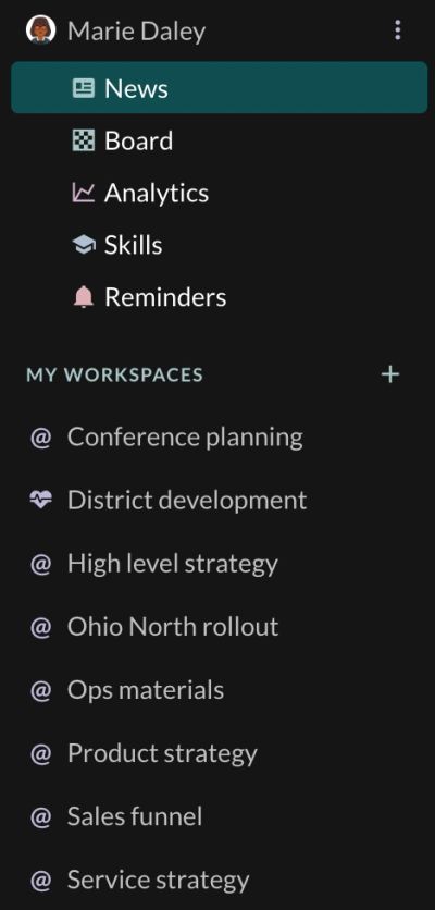 Factor's dark left panel, which is where workspaces are organized. The personal block under "Marie Daley" holds "News" (selected), "Board", "Analytics", "Skills" and "Reminders"; below it, a "MY WORKSPACES" heading with a + button, then the workspaces themselves — "Conference planning", "District development", "High level strategy", "Ohio North rollout", "Ops materials", "Product strategy", "Sales funnel", "Service strategy". All carry an @ except "District development", which carries a heart, the mark of a workspace with Culture Checks turned on.