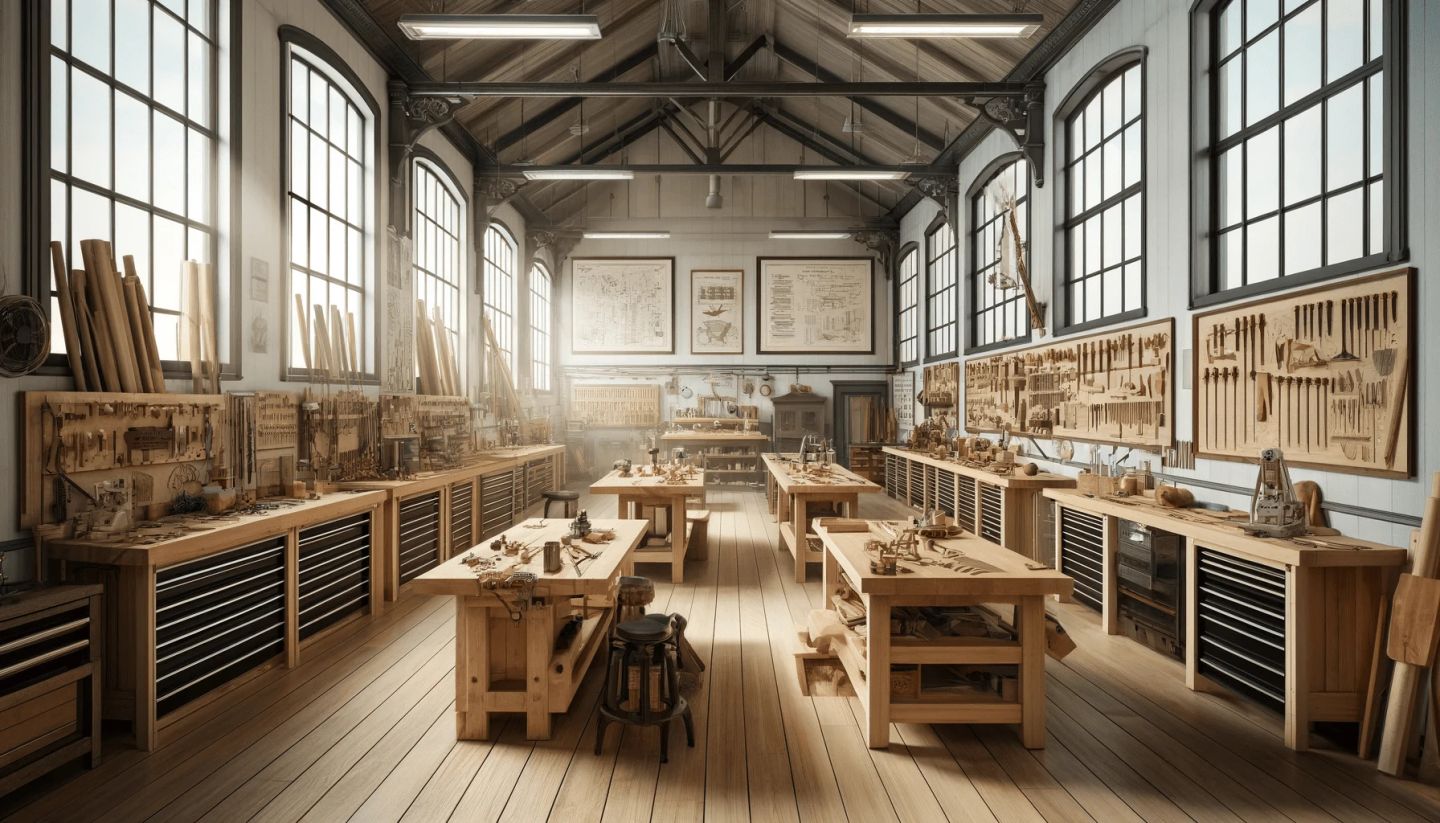 A long, immaculate woodworking workshop lit by tall windows down one wall. Identical benches run in rows, each with its own vice and stool; hand tools hang in outlined racks on the wall, and plan drawings are framed above them. Everything has a designated place, which is the point being made about organized work.
