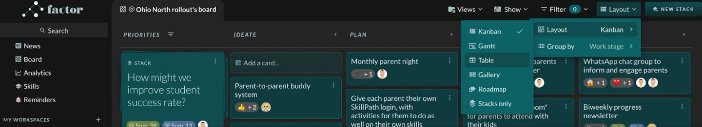 The "Layout" menu pulled open at the top right of "@ Ohio North rollout's board", listing all six pivots in one column: "Kanban" with a tick beside it, then "Gantt", "Table", "Gallery", "Roadmap" and "Stacks only". The panel it opens from shows the two settings the menu actually controls — "Layout Kanban" and "Group by Work stage" — so choosing a layout and choosing what the columns mean are separate steps. Behind the menu sits the board itself, with "Views", "Show", "Filter 0" and "NEW STACK" along the same top bar.
