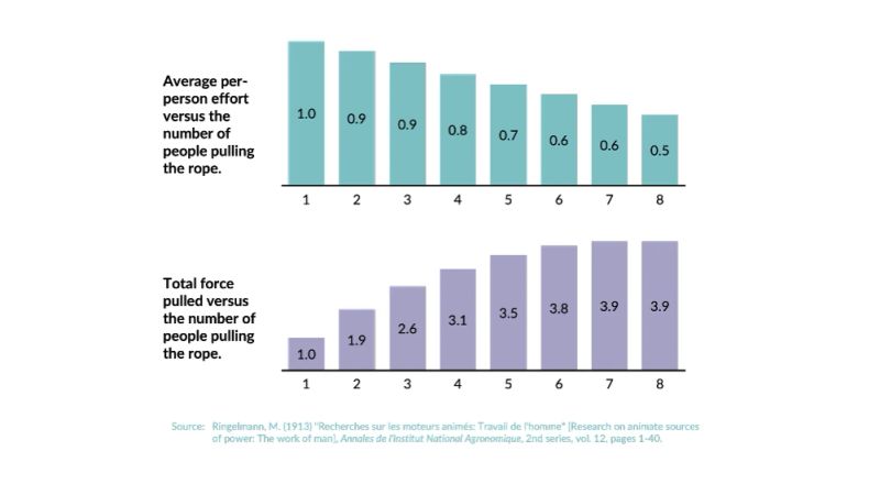 Two bar charts of Ringelmann's rope-pulling experiment, sharing an axis of one to eight people. The upper chart, average per-person effort, falls steadily from 1.0 for a single puller to 0.9, 0.9, 0.8, 0.7, 0.6, 0.6 and 0.5 — by eight people, each is pulling with half the force. The lower chart, total force pulled, rises from 1.0 to 1.9, 2.6, 3.1, 3.5, 3.8, 3.9 and 3.9: adding the eighth person adds nothing at all. Sourced to Ringelmann, M. (1913), "Recherches sur les moteurs animés: Travail de l'homme", Annales de l'Institut National Agronomique, 2nd series, vol. 12, pages 1-40.