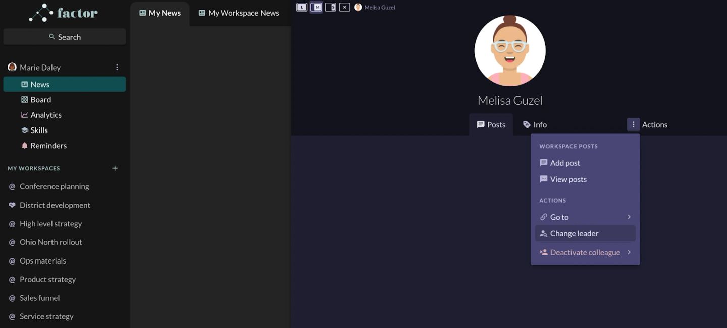 Melisa Guzel's profile side panel, opened at medium width (the L / M / S size buttons sit top left with M active), her illustrated avatar and name centred. The tab strip reads "Posts", "Info" and then the three-dot "Actions" button, whose menu is open: under WORKSPACE POSTS, "Add post" and "View posts"; under ACTIONS, "Go to", "Change leader" — highlighted, the item this step needs — and "Deactivate colleague".