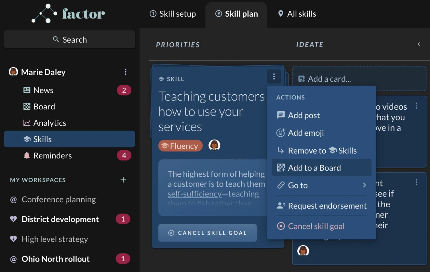 The same skill card and menu one step later, after the skill has been added to the personal board — the menu has changed to match. It now reads "Add post", "Add emoji", "Remove to Skills", "Add to a Board" (highlighted, and the wording is subtly different from the first pass's "Add to Board"), "Go to", "Request endorsement" and "Cancel skill goal". Clicking "Add to a Board" is what opens the search dropdown for picking a further workspace.