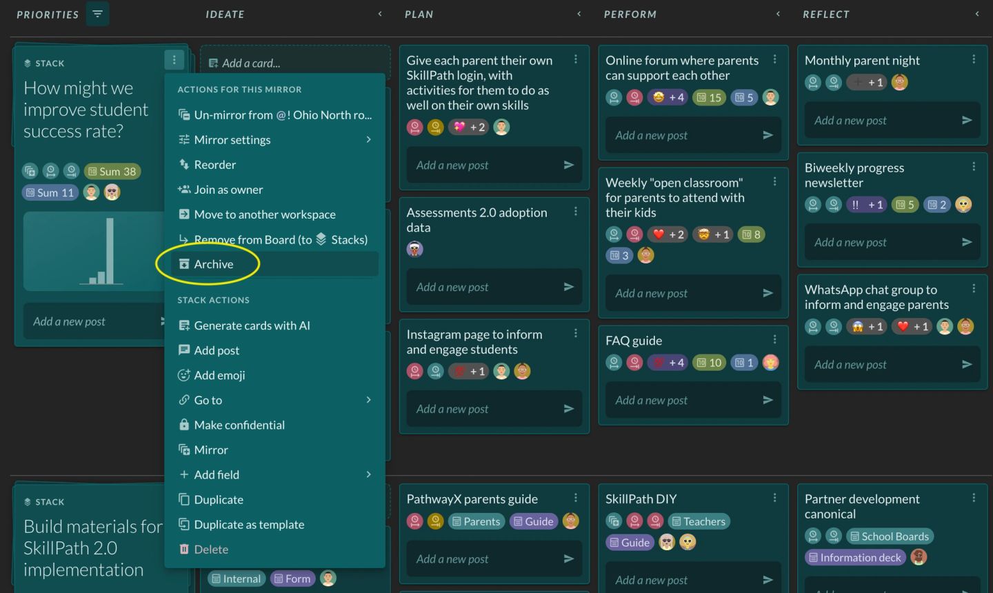 A stack's three-dot menu, which splits into two sections, and "Archive" — ringed in yellow — sits in the upper one. "ACTIONS FOR THIS MIRROR" holds "Un-mirror from @ ! Ohio North ro…", "Mirror settings", "Reorder", "Join as owner", "Move to another workspace", "Remove from Board (to Stacks)" and "Archive"; "STACK ACTIONS" below holds "Generate cards with AI", "Add post", "Add emoji", "Go to", "Make confidential", "Mirror", "Add field", "Duplicate", "Duplicate as template" and "Delete". Archiving therefore applies to this board's copy of the stack, not to the stack everywhere.