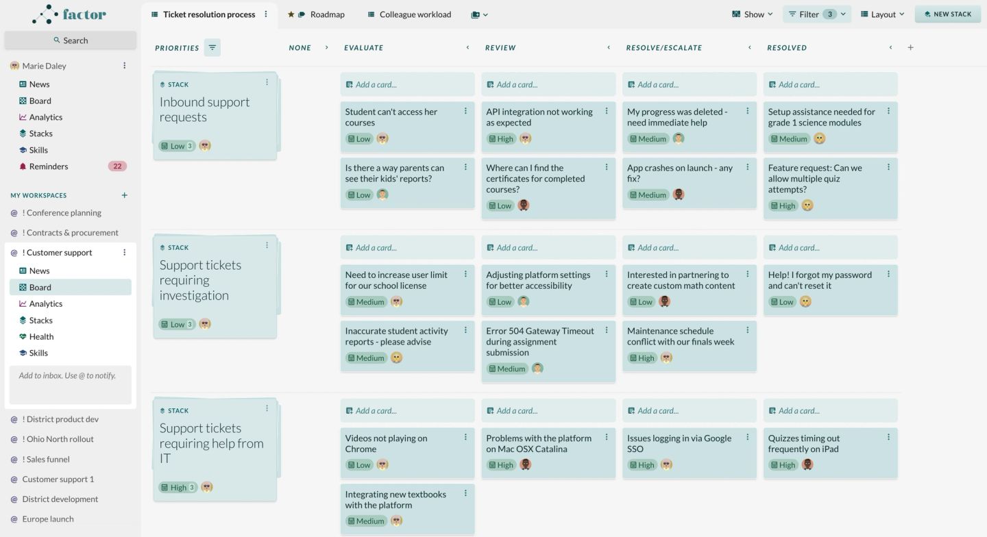A Factor board for a customer-support team, columns running None, Evaluate, Review, Resolve or escalate, and Resolved. Three stacks hold the work: inbound support requests, support tickets requiring investigation, and support tickets requiring help from IT. The cards are real school-IT complaints — a student who cannot access her courses, an API integration not working as expected, certificates missing for completed courses, a 504 gateway timeout — each tagged with a priority.