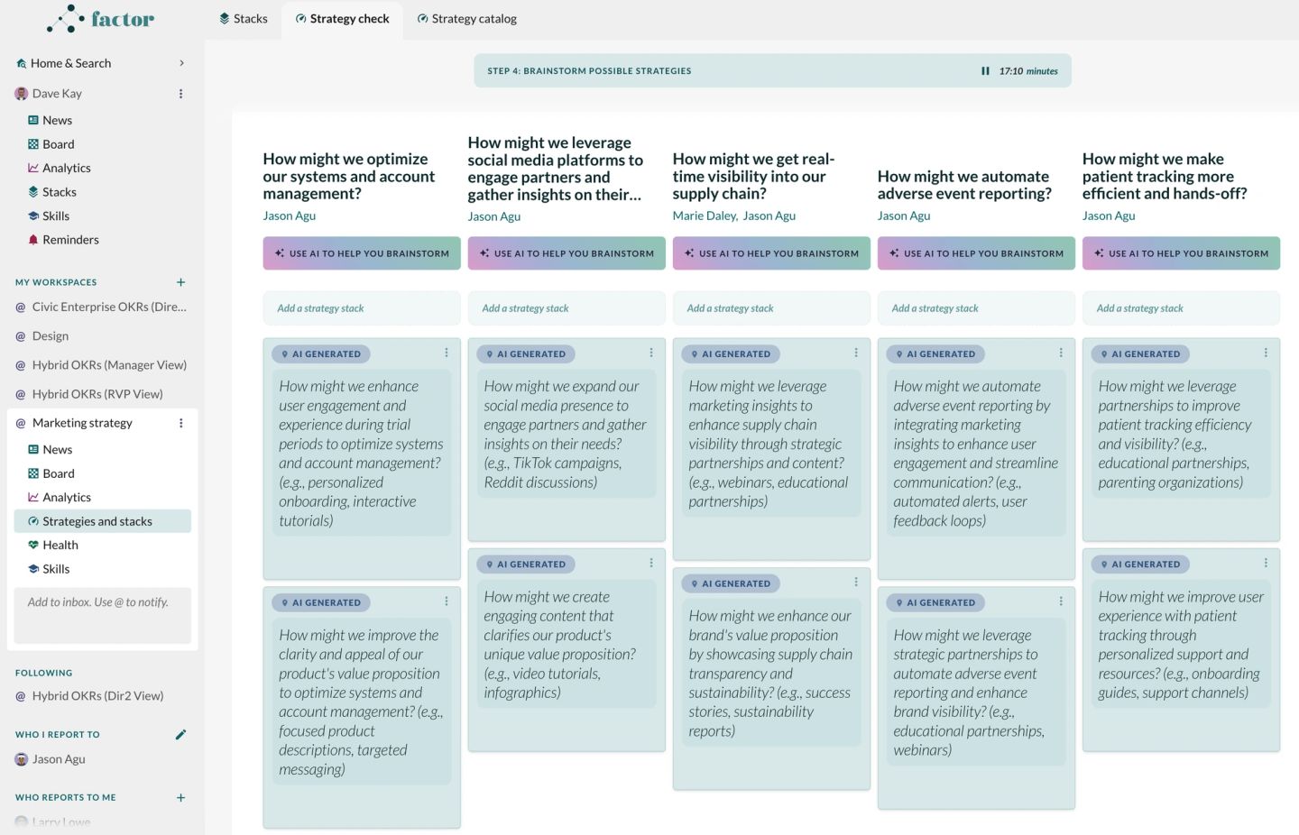 A Factor strategy-check board where each column is a how-might-we question — optimizing systems and account management, leveraging social platforms to engage partners, getting real-time supply-chain visibility, automating patient tracking — and the cards beneath each are the ideas the team has generated against it.