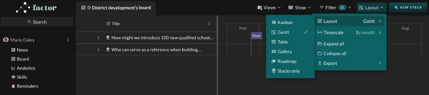 The "Layout" menu open on a board that has been switched to Gantt, which is how you confirm the layout is the reason no "Add a card" tile appears. The choice list shows "Kanban", "Gantt" (ticked), "Table", "Gallery", "Roadmap" and "Stacks only", and the panel beside it reads "Layout   Gantt" and "Timescale   By month" over "Expand all", "Collapse all" and "Export". Behind, the "Title" column lists the two stacks collapsed to one row each, with a purple "Now" marker on the timeline.