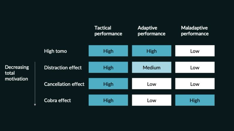 A table setting three kinds of performance — "Tactical performance", "Adaptive performance" and "Maladaptive performance" — against four states, with an arrow down the left marked "Decreasing total motivation". "High tomo" reads High, High, Low. The "Distraction effect" keeps tactical High but drops adaptive to Medium; the "Cancellation effect" drops adaptive to Low; the "Cobra effect" keeps tactical High, adaptive Low, and turns maladaptive performance High. Tactical performance stays High in every single row, which is the argument: motivation can collapse without moving the numbers a company usually watches.