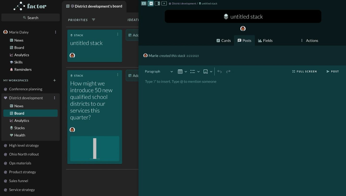 A second stack created by the "NEW STACK" button, and it arrives unnamed: the board shows a card reading "untitled stack" above the existing districts stack, and the side panel on the right is titled "untitled stack" with the Posts tab open on "Marie created this stack 3/23/2023". The name has to be typed in before the stack means anything, which is why the panel opens focused and waiting.