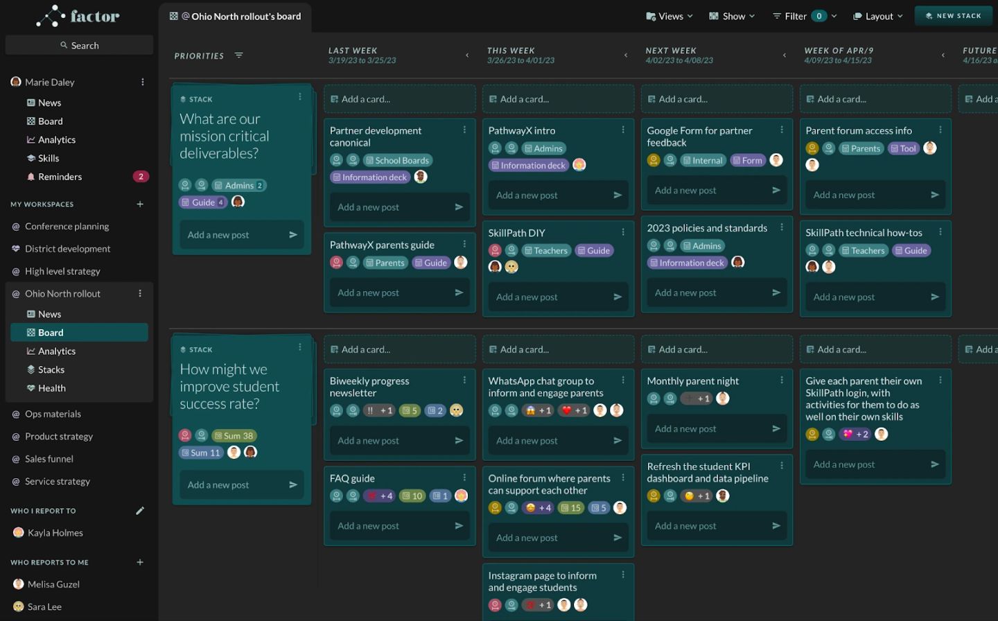 The Roadmap layout, where the columns are stretches of time rather than work stages: "LAST WEEK 3/19/23 to 3/25/23", "THIS WEEK 3/26/23 to 4/01/23", "NEXT WEEK 4/02/23 to 4/08/23", "WEEK OF APR/9 4/09/23 to 4/15/23" and a "FUTURE" column beginning 4/16/23. Each row is a stack and each card sits in the week it is due, so the board reads as a delivery schedule; every cell also offers "Add a card…", meaning work can be created straight into a week.