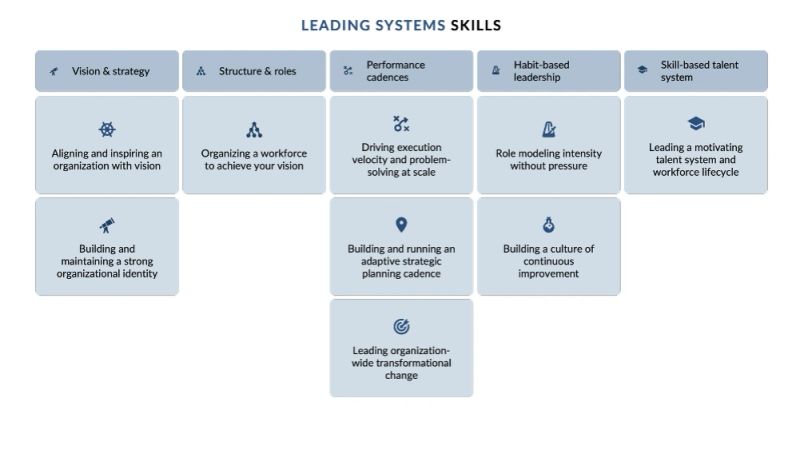 LEADING SYSTEMS SKILLS, the executive-level skills laid out in five labelled columns — vision & strategy, structure & roles, performance cadences, habit-based leadership, and a skill-based talent system — with the individual skills stacked beneath each heading. Vision & strategy holds aligning and inspiring an organization with vision, and building and maintaining a strong organizational identity. Structure & roles holds just one, organizing a workforce to achieve your vision, while performance cadences is the deepest column with three: driving execution velocity and problem-solving at scale, building and running an adaptive strategic planning cadence, and leading organization-wide transformational change. Habit-based leadership carries role modeling intensity without pressure and building a culture of continuous improvement; the talent column carries leading a motivating talent system and workforce lifecycle.
