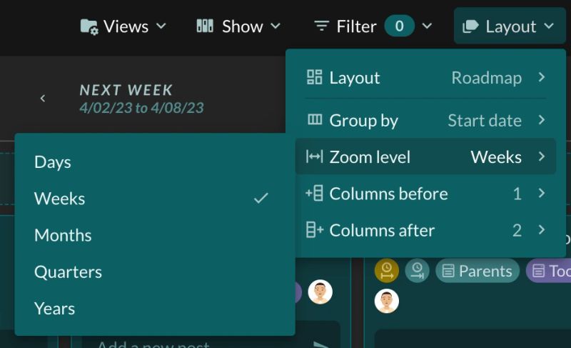 A close-up of the "Layout" menu with the board in Roadmap, showing the four dials that shape the time axis: "Layout Roadmap", "Group by Start date", "Zoom level Weeks", "Columns before 1" and "Columns after 2". The zoom submenu is open alongside — "Days", "Weeks" (ticked), "Months", "Quarters", "Years" — and behind it the column header still reads "NEXT WEEK 4/02/23 to 4/08/23", the range those settings produced.
