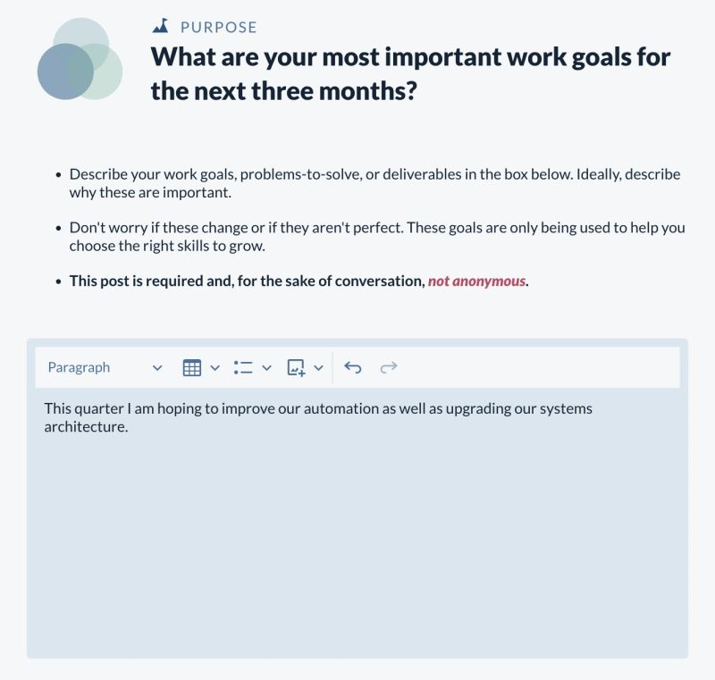 A Skills Check question tagged purpose, asking for the person's most important work goals for the next three months, with a free-text box holding a typed answer about improving automation and upgrading systems architecture. The question is marked as deliberately not anonymous, for the sake of coaching.