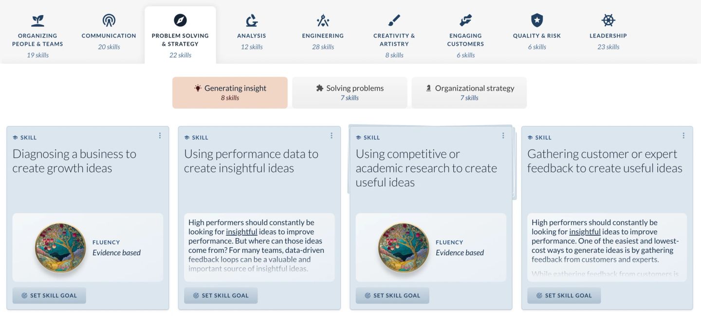A Factor skills view filtered to problem solving and strategy, showing four skills concerned with generating insight: diagnosing a business to create growth ideas, using performance data, using competitive or academic research, and gathering customer or expert feedback. Each carries a fluency level and a button to make it a personal skill goal.