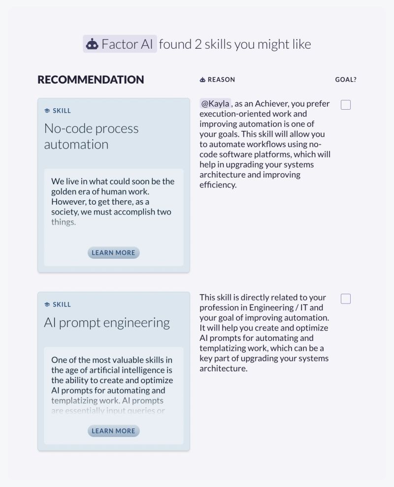 A Factor AI recommendation screen laid out in three columns: the skill it suggests, the reason, and a checkbox to accept it as a goal. It proposes no-code process automation and AI prompt engineering, and the reason column ties each one to the person's own working style and to the systems-architecture goal they typed earlier.
