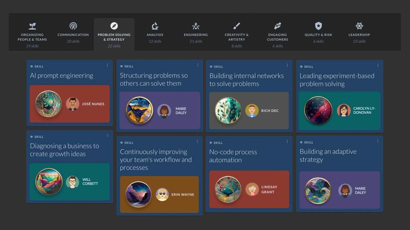 A Factor skills view where each named skill is a card carrying the colleague who owns it — from AI prompt engineering and no-code process automation to building an adaptive strategy — so the skill map doubles as a directory of who to ask.