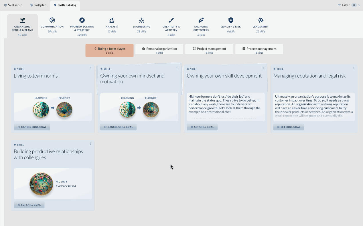 A screen recording of Factor's "Skills catalog", the cursor moving along a row of nine skill families with a count under each: "ORGANIZING PEOPLE & TEAMS" 19 skills, "COMMUNICATION" 20, "PROBLEM SOLVING & STRATEGY" 22, "ANALYSIS" 12, "ENGINEERING" 21, "CREATIVITY & ARTISTRY" 8, "ENGAGING CUSTOMERS" 6, "QUALITY & RISK" 6 and "LEADERSHIP" 23. Each click swaps a second row of sub-groups and a fresh grid of named skill cards — "Living to team norms", "Structuring problems so others can solve them", "Coaching at scale", "Driving execution velocity and problem-solving at scale" — every one carrying a "SET SKILL GOAL" button and, where a goal is already running, a "LEARNING" or "FLUENCY" marker. The taxonomy is browsable rather than a flat list, which is what makes it usable inside a job description.
