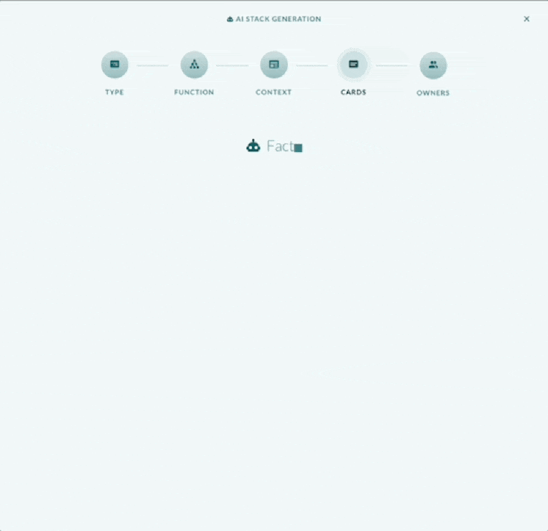 A screen recording of Factor's "AI STACK GENERATION" flow, stepping through TYPE, FUNCTION, CONTEXT, CARDS and OWNERS. "Factor AI is thinking..." types itself out, a toggle offers "Create multiple stacks" or "Use only one stack", and then columns headed "STACK", "CARDS" and "KEEP?" fill in one character at a time: a stack asking "How might we optimize inventory management to reduce costs?" gathers cards such as "Use data analytics to predict demand and adjust orders accordingly" and "Negotiate better terms with suppliers for bulk purchases", each pre-ticked to keep. Further stacks follow on improving the shopping experience, cutting waste and leveraging technology, so goal-setting arrives as a set of questions with candidate experiments attached rather than a list of tasks.