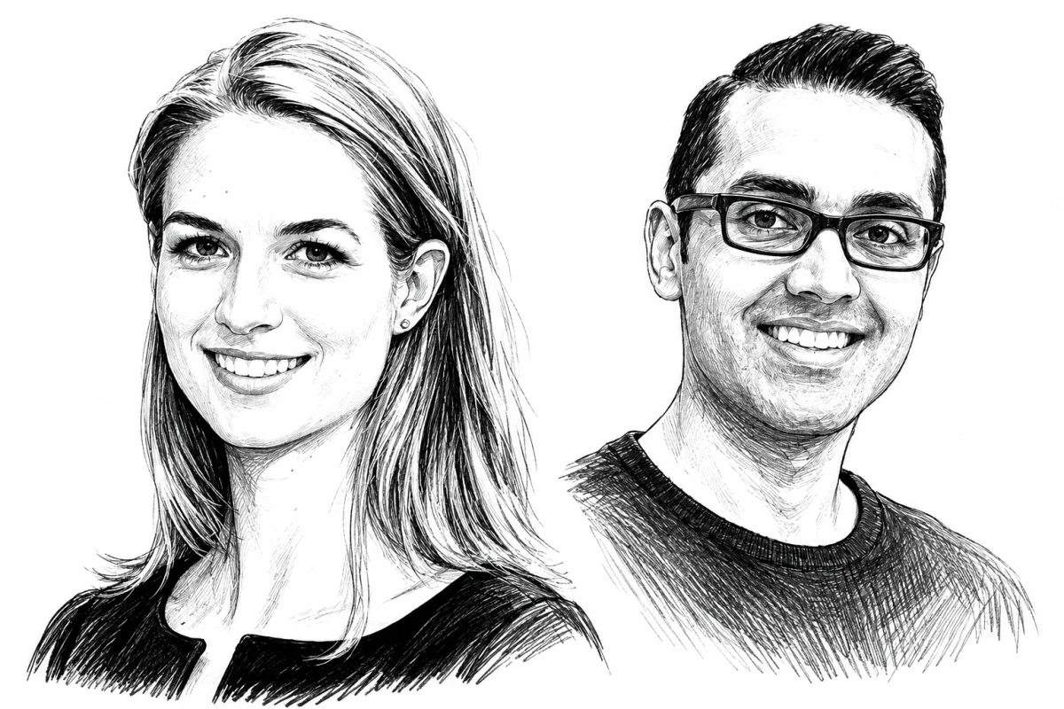 Illustrated portraits of Lindsay McGregor and Neel Doshi, co-founders of Factor.AI